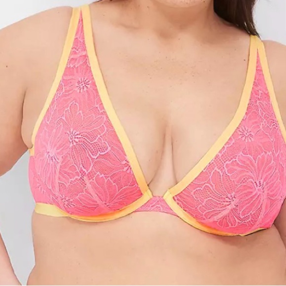 Lane Bryant Cacique High Apex Plunge Bra Size 36G Rosa Neon Pink Lace Underwired
